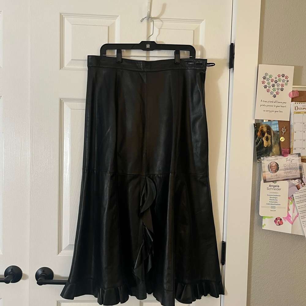 Punto Leather Black Genuine Leather Midi Skirt Ruffle Hem EU 46